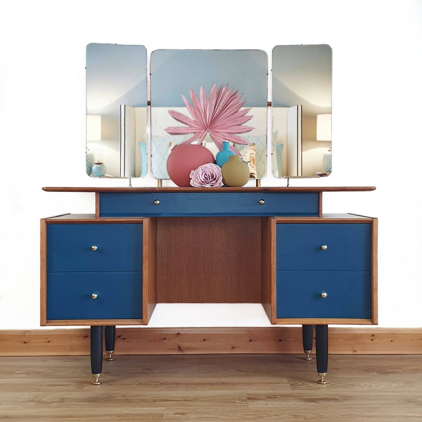 G Plan Dressing Table, Librenza Range By Gomme In The 1950s, 5 Drawers, 3 Mirrors, Solid Light Oak With Teal Accents On Elegant Black Legs