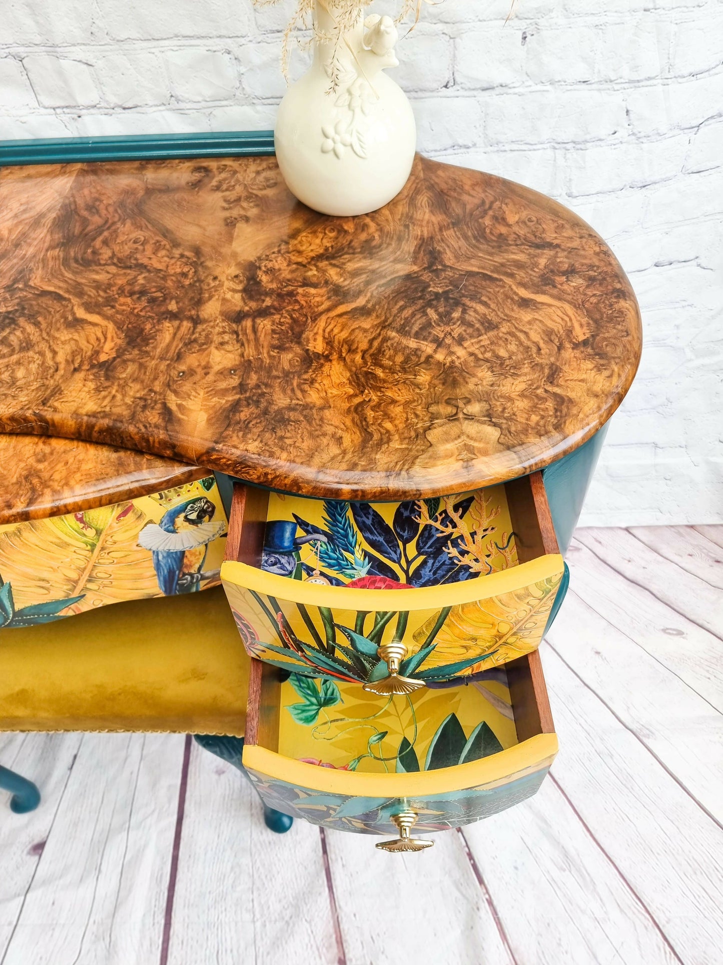 Queen Anne Painted Burr Walnut Bedroom Set - Dressing Table, Vanity, Desk, Sideboard and Stool, Statement, Maximalist MADE TO ORDER