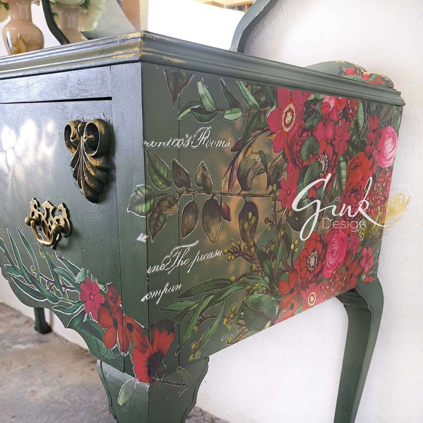 Vintage Green Floral Dressing Table With Mirror