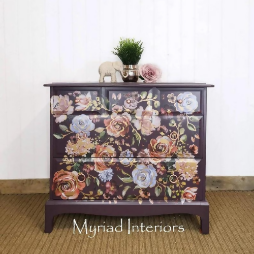 Pretty Stag Minstrel Chest Of Drawers, deep purple with floral design, large bedside table, sideboard, maximalist - commission available