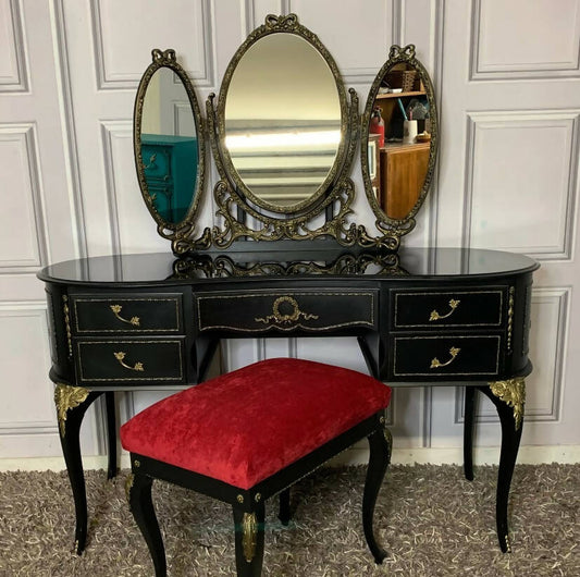 Black Gothic Dresser Dressing Table, Stool and Mirror
