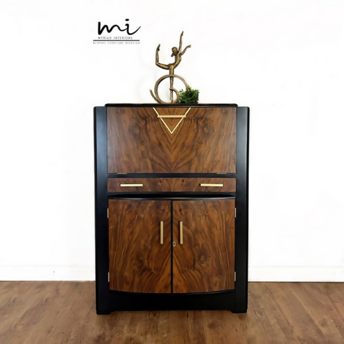 Refurbished Art Deco cocktail cabinet, walnut drinks cabinet, black and gold, gin bar