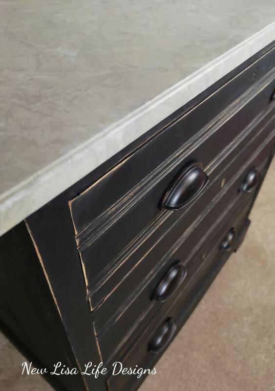 Black With Hand Painted "Marble" Effect Top. 3 Drawer Edwardian Chest. Cup Handles.