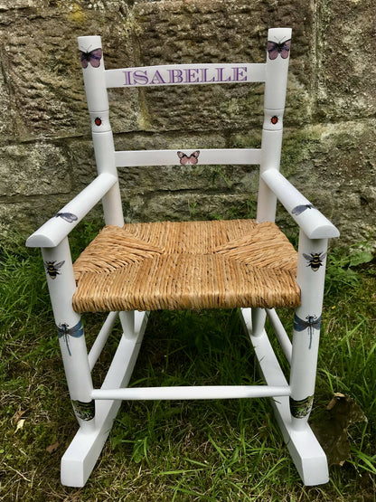 Rush seat personalised children's rocking chair - Insect field style theme - made to order