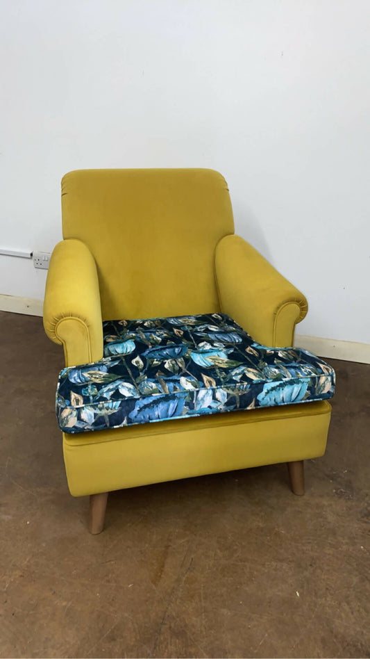 Ochre velvet floral reupholstered Armchair