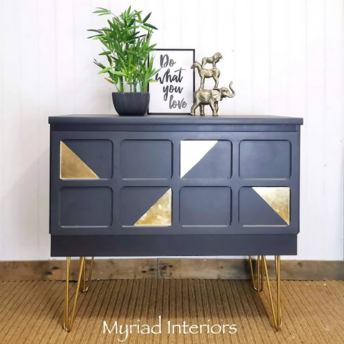 Mid Century Nathan Sideboard, console, cocktail cabinet, storage, cupboard. Dark grey and gold metal leaf, hairpin legs