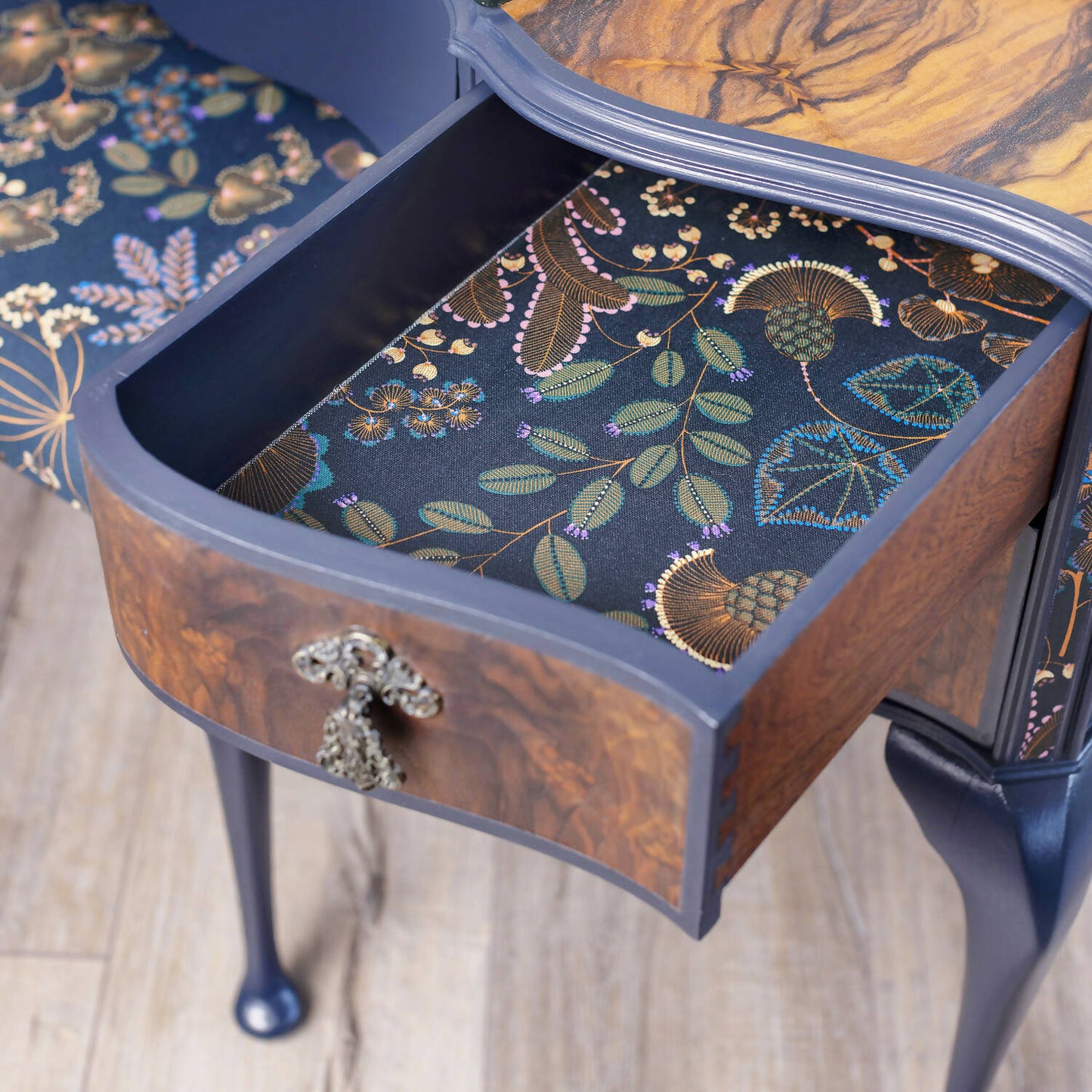 One of a kind blue vintage Queen Anne stye dressing table decoupaged in a stunning Verbena Kew Gardens fabric. Sold, commission available.