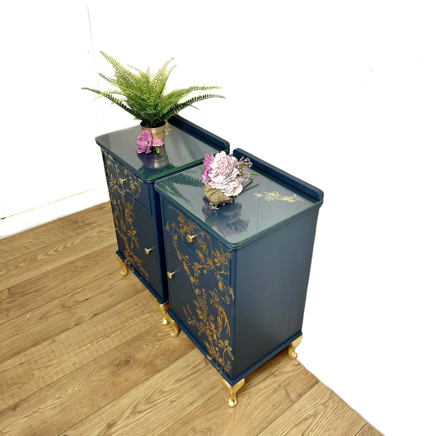 Pretty Refurbished vintage bedside tables, navy blue with gold foil design, bird song, art deco nightstands