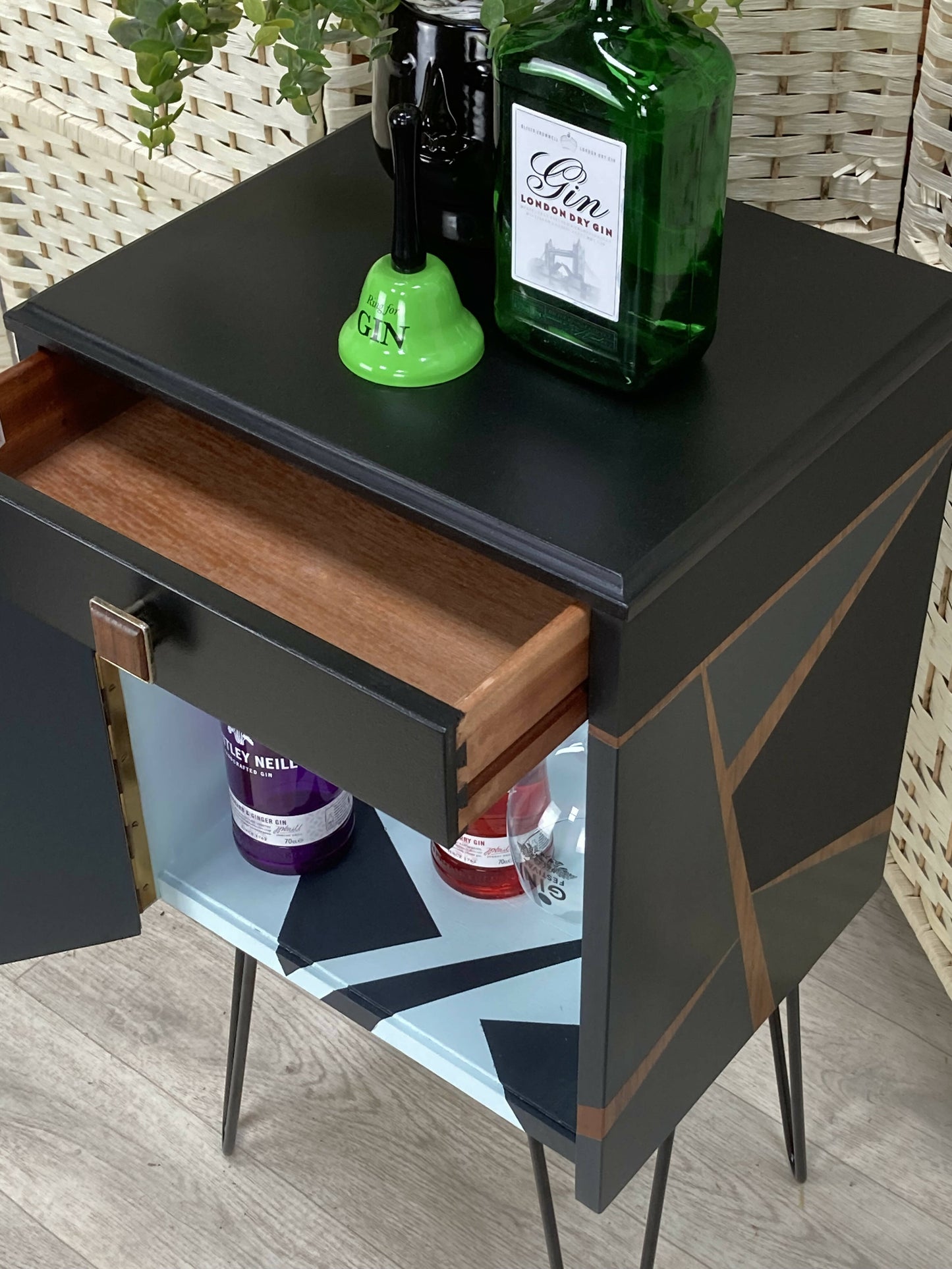 SOLD! Small Harris Lebus drinks cabinet in teak, black, blue and grey.