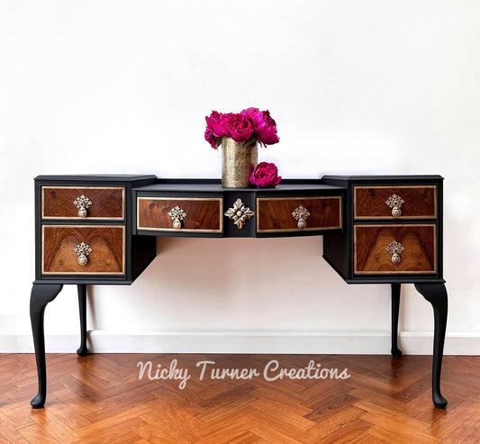 Vintage Queen Anne Style Dressing Table Vanity Hand Painted in Black and Gold.