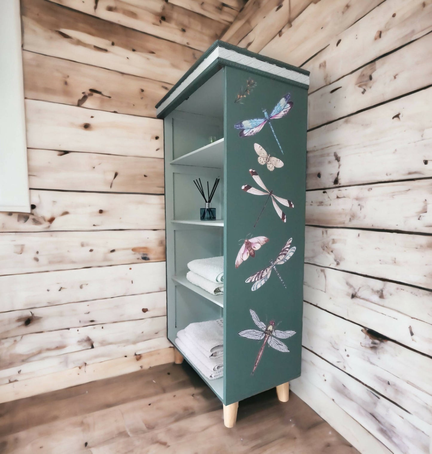 Wooden Shelving Unit with 4 Shelves Decorated with Butterflies and Dragonflies