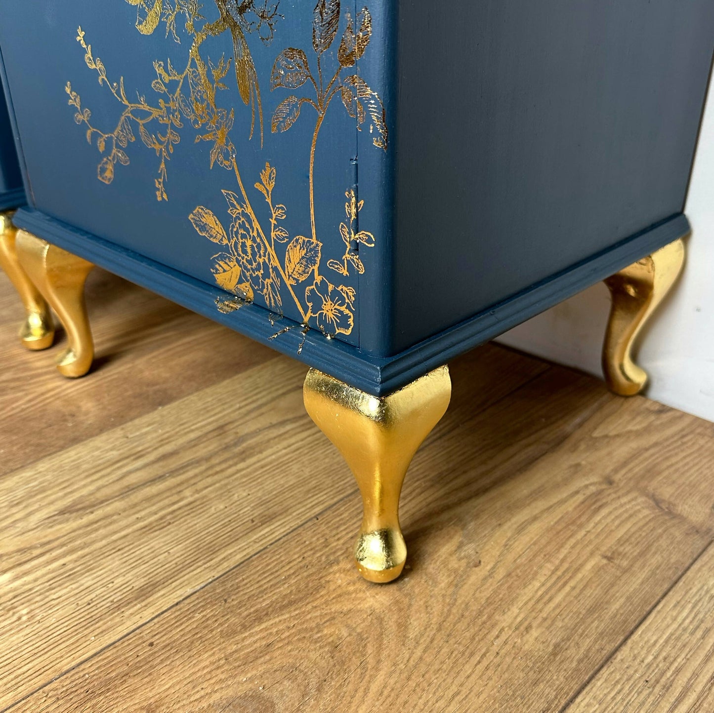 Pretty Refurbished vintage bedside tables, navy blue with gold foil design, bird song, art deco nightstands