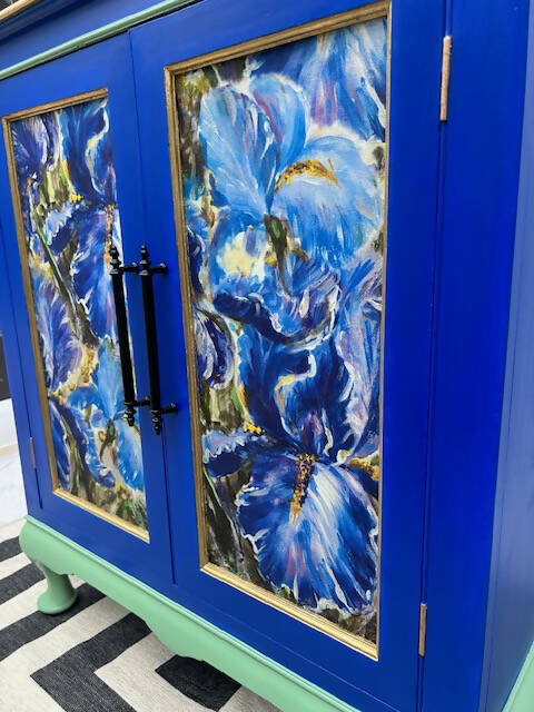 The Iris Blue Cabinet, Cobalt Blue, Soft Green with Gold accents.