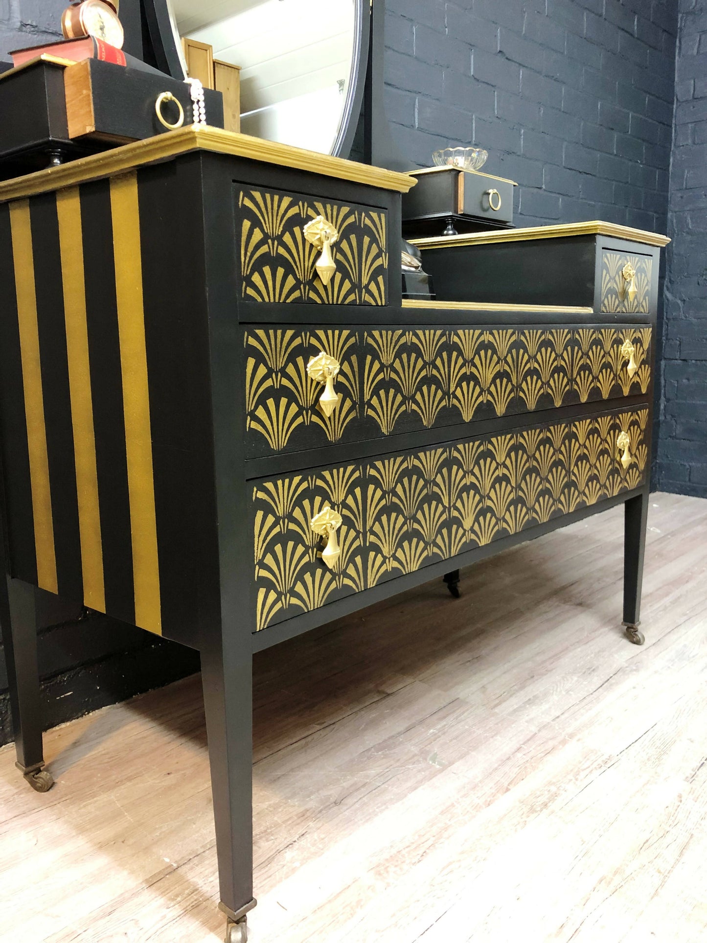 gold leaf dressing table For Custom Design Commission: Art Deco Refinished Dressing Table, Black and Gold Leaf Stencilled Hallway Table