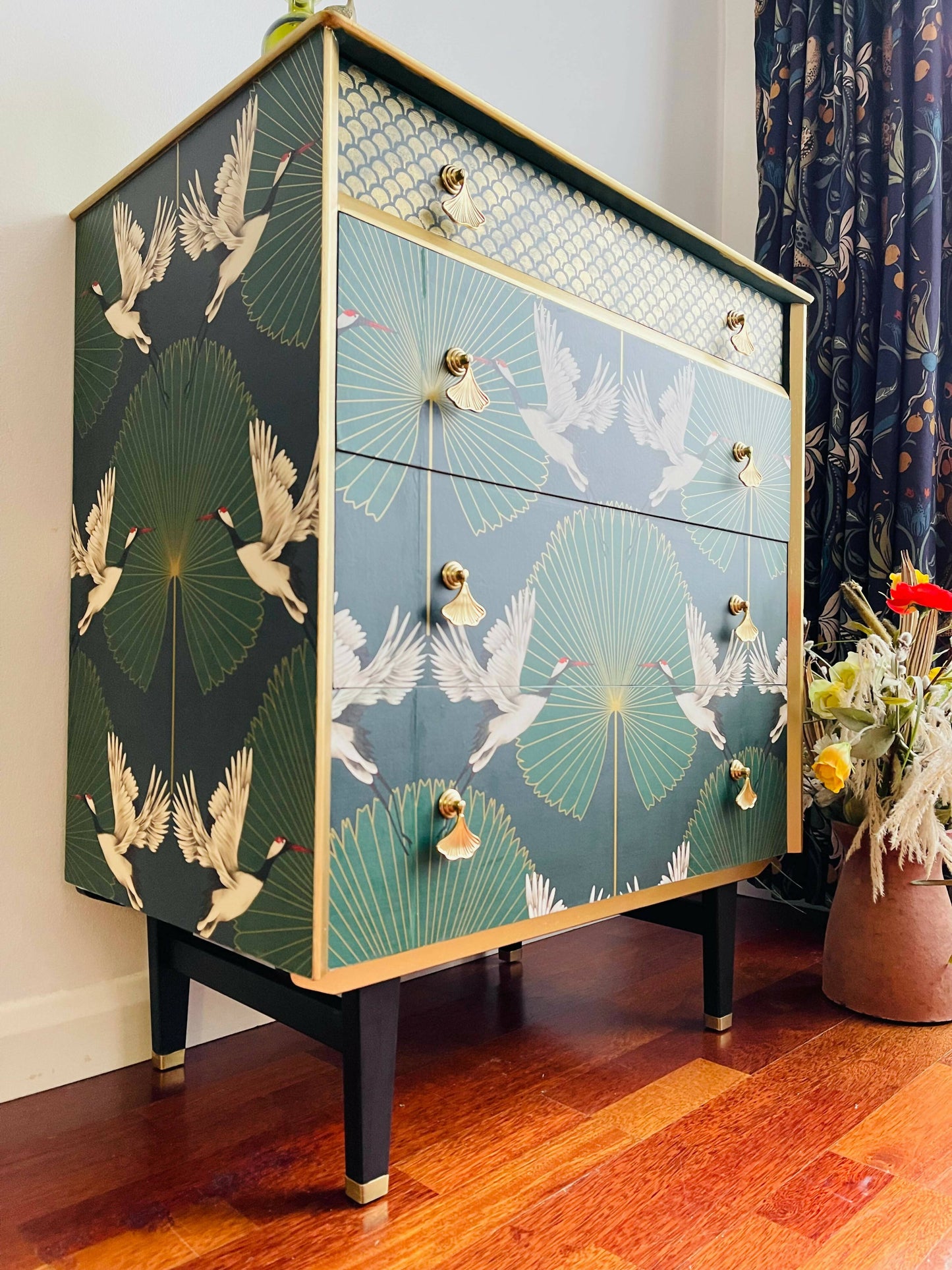 Golden Skylines: Repurposed Green and Gold Chest of Drawers Detailed with Flying Cranes