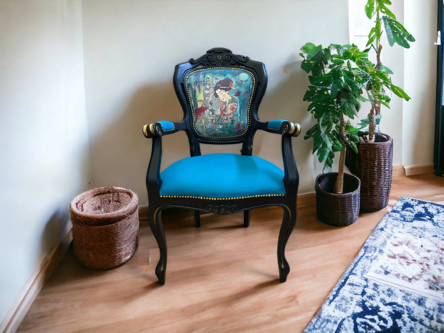 Striking, vintage occasional chair with Japanese style Geisha Girl design