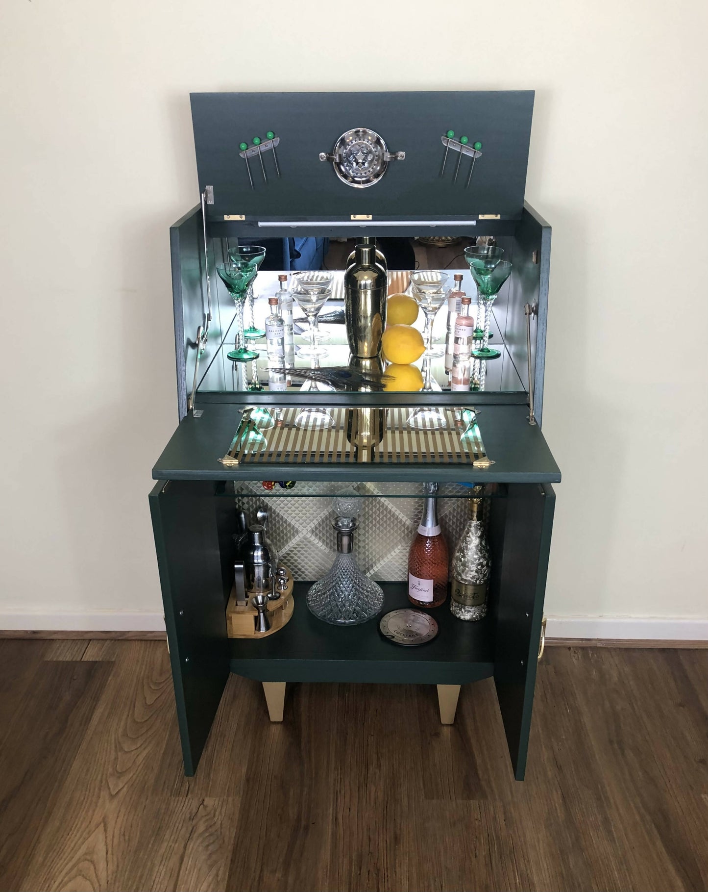 Mid Century Cocktail Cabinet, Drinks Cabinet, Home Bar in British Racing Green and Gold colour