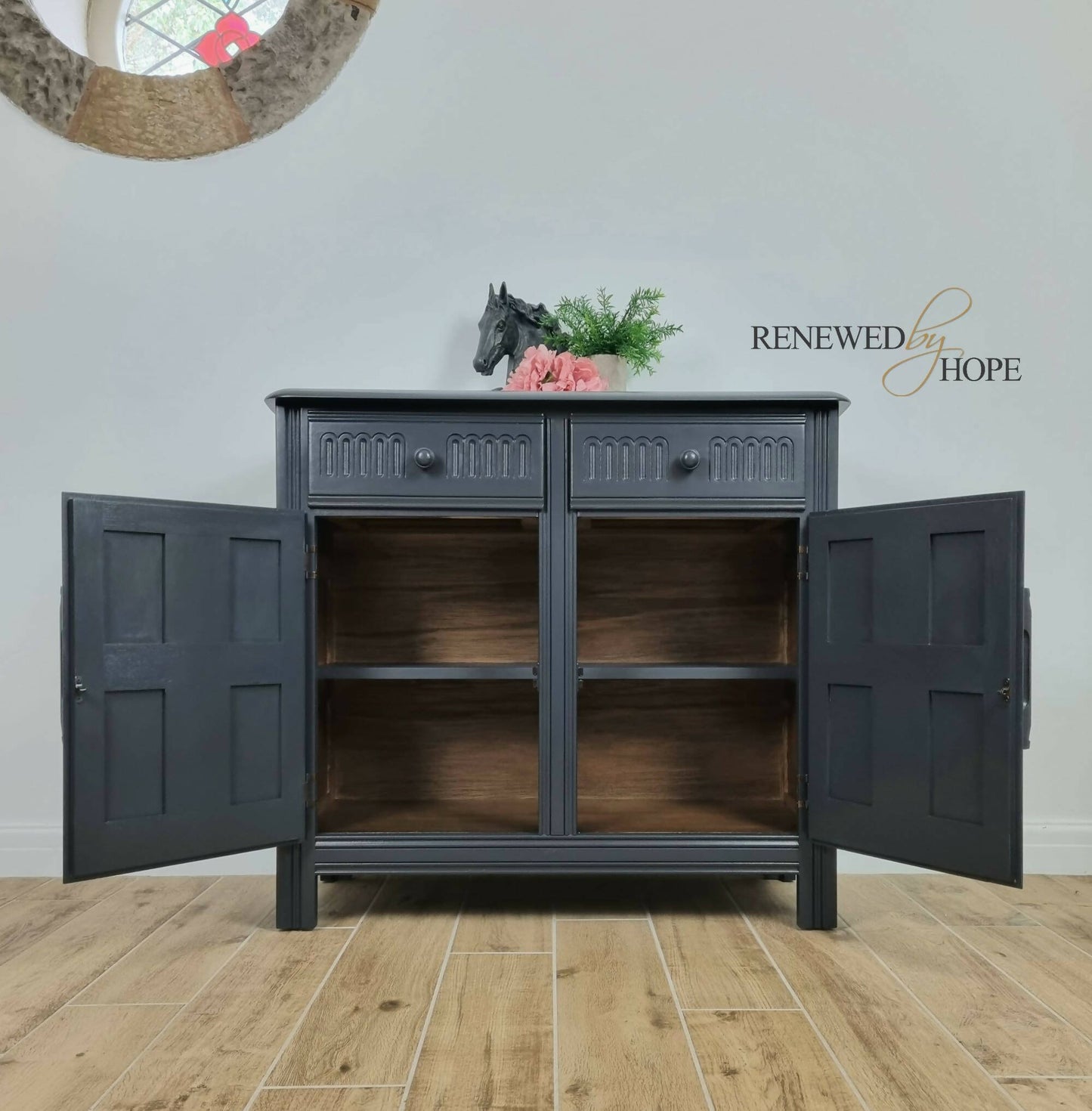 Off Black Sideboard, Decoupaged with Morris paper, Priory Sideboard, Storage MADE TO ORDER