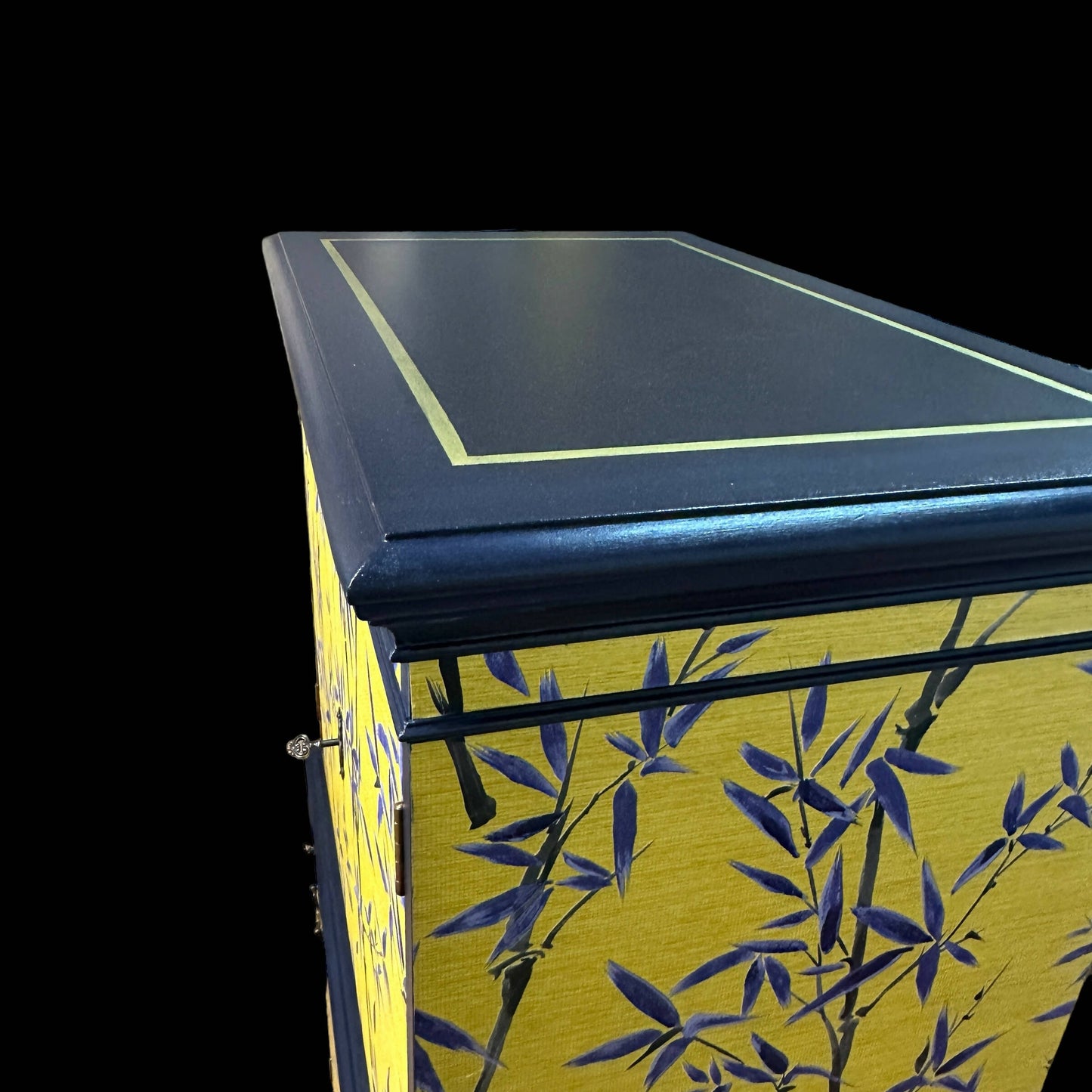 **This Item is Sold** Hand painted cocktail cabinet enrobed in a stunning Japanese style bamboo leaf print.