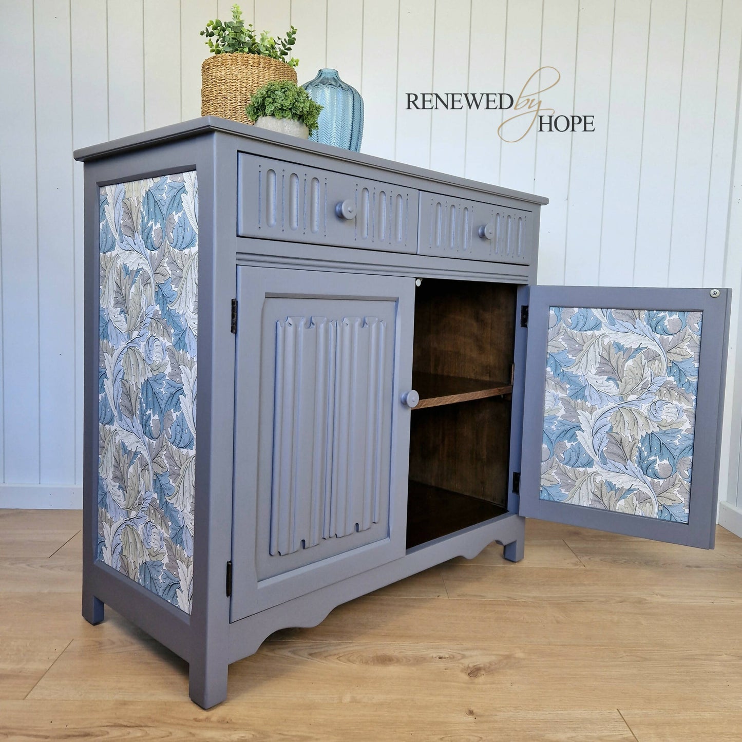 Grey Linenfold Sideboard with Morris Acanthus Wallpaper, Storage, Grey Cupboard