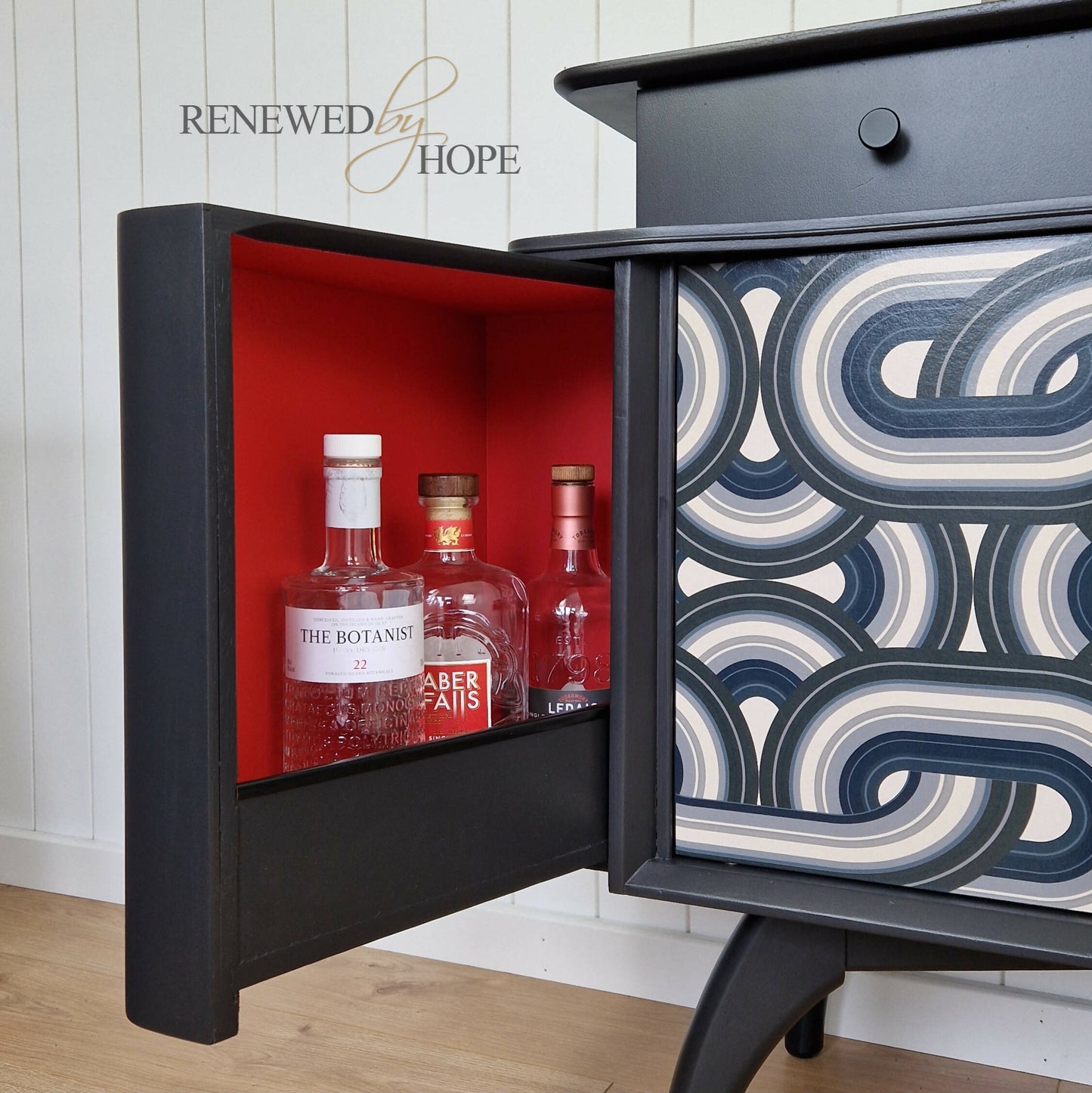 Black Mid Century Modern Beautility Sideboard. Bold geometric design. Upcycled Drinks Cabinet.