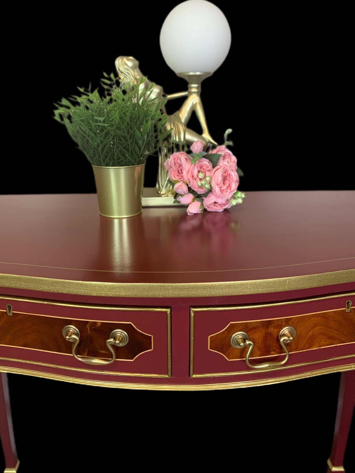 Hand painted Writing desk, Hall table, Console table with 2 curved drawers in Burgundy & Gold colour