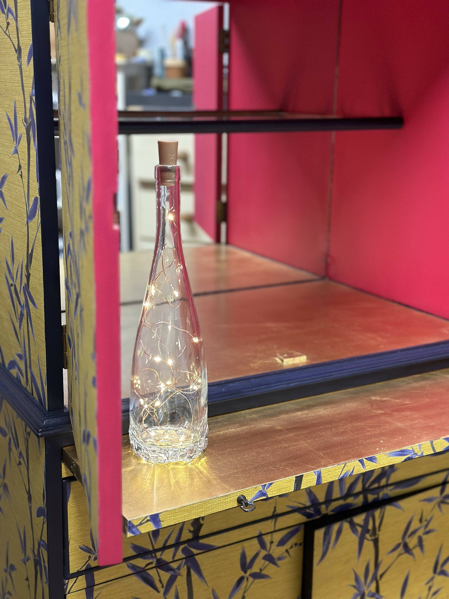 Hand painted cocktail cabinet enrobed in a stunning Japanese style bamboo leaf print.