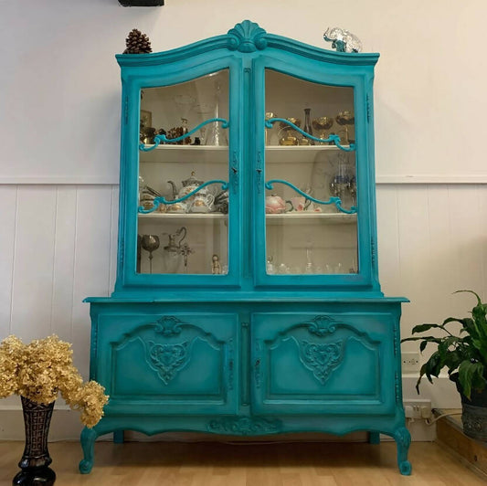 French Antique Display Cabinet Turquoise Colour Ornate Solid Oak Commissions Open