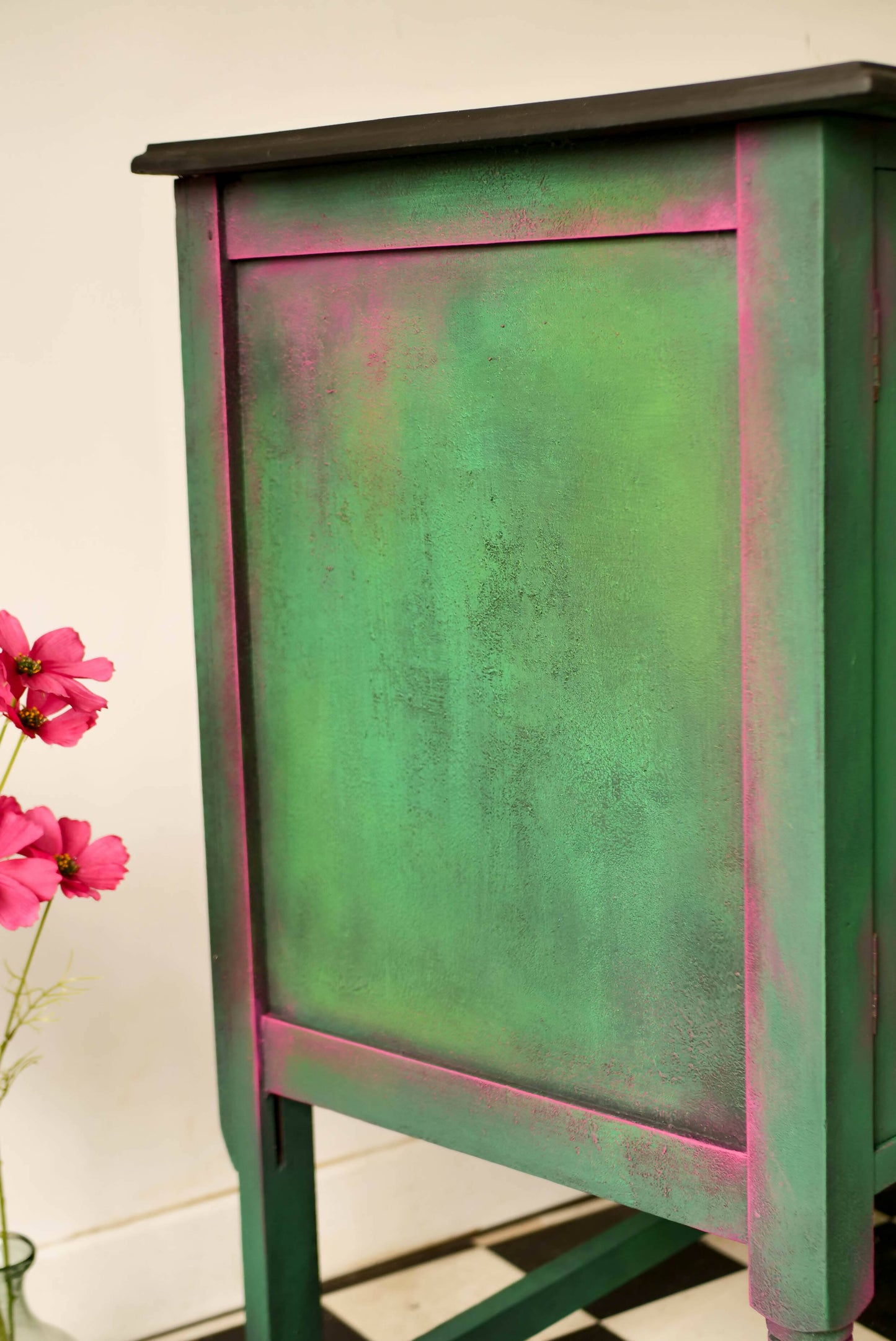 Oak Sideboard Green/ Pink - Spacious sideboard- Hand Painted Furniture - Living Room -Unique cabinet - Bespoke - Wood - Carved Wood - Unique