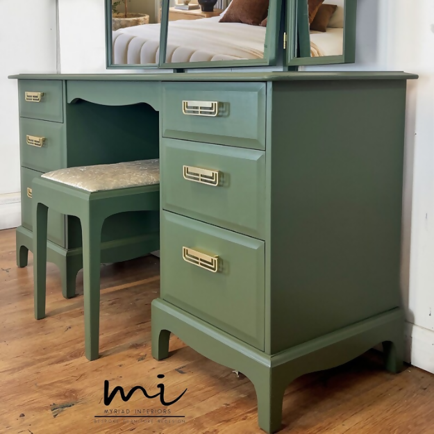 Refurbished vintage Stag Minstrel Dressing table set, mirror, stool, upcycled, olive green, mid century modern - SOLD commissions available