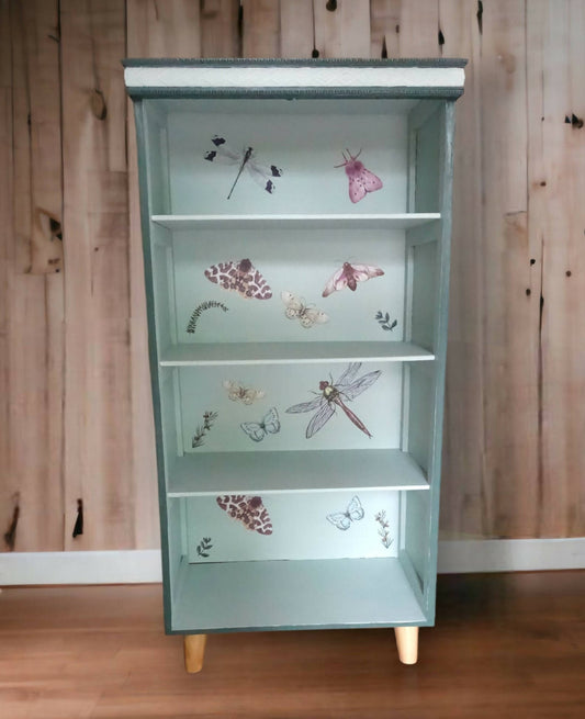 Wooden Shelving Unit with 4 Shelves Decorated with Butterflies and Dragonflies