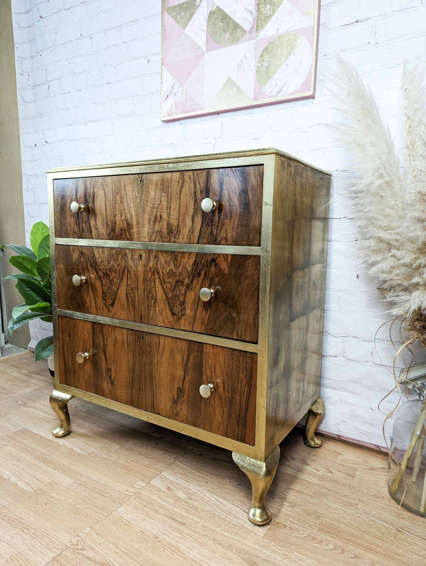 Gold Leaf Walnut Burr Chest of Drawers, Queen Anne, Cabriole - MADE TO ORDER