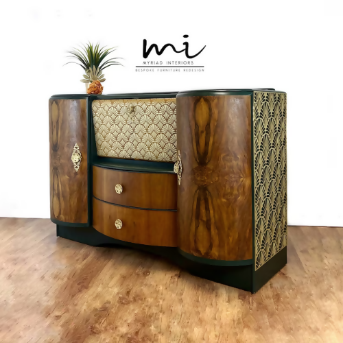 Refurbished Art Deco walnut drinks cabinet, cocktail bar, sideboard, cupboard, dark green, vintage, chest drawers - Commissions available