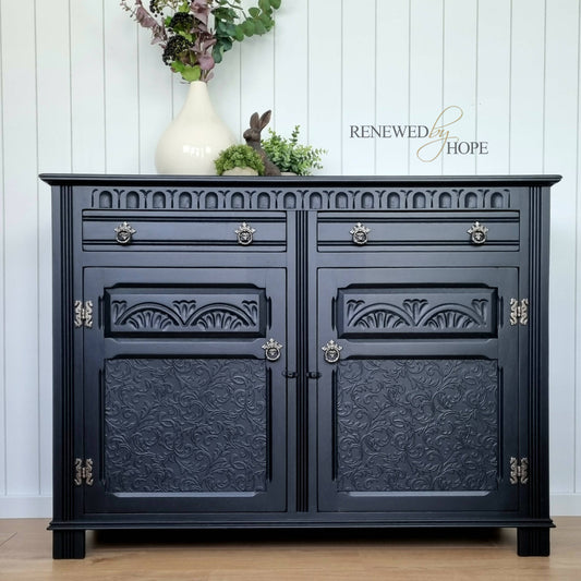 MADE TO ORDER - Black Old Charm style sideboard with raised pattern detail.