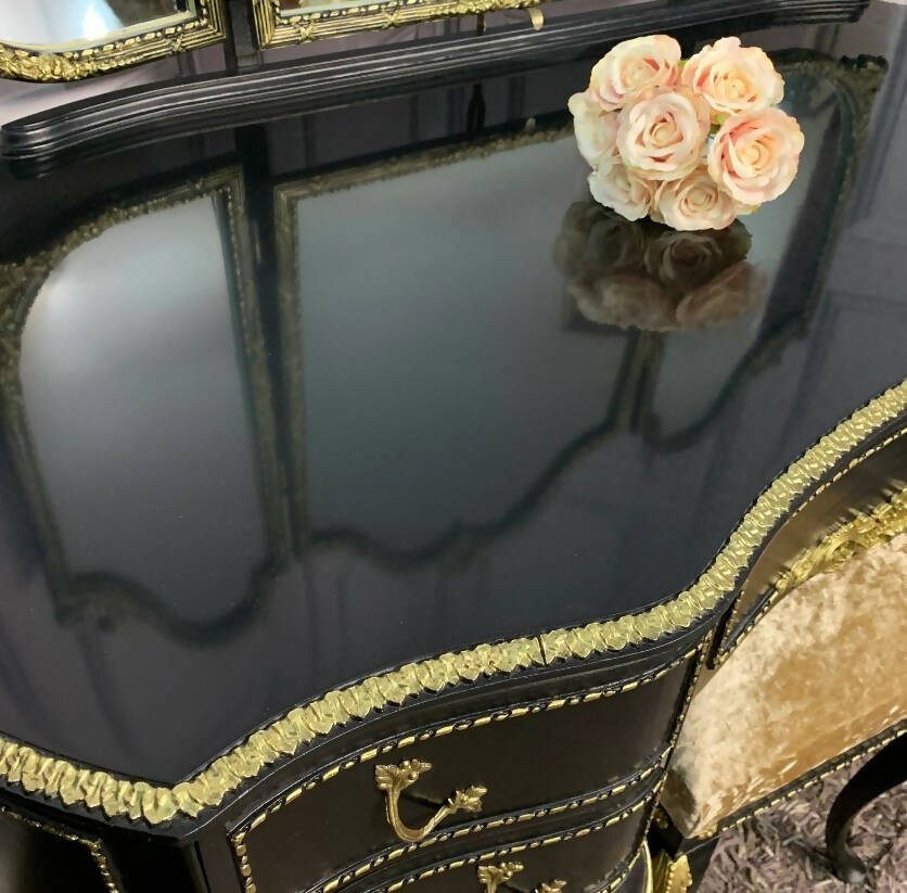 Carved Dressing Table With Mirror and Stool