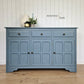 Dusky Blue Antique Panelled Oak Sideboard, with raised pattern detail.