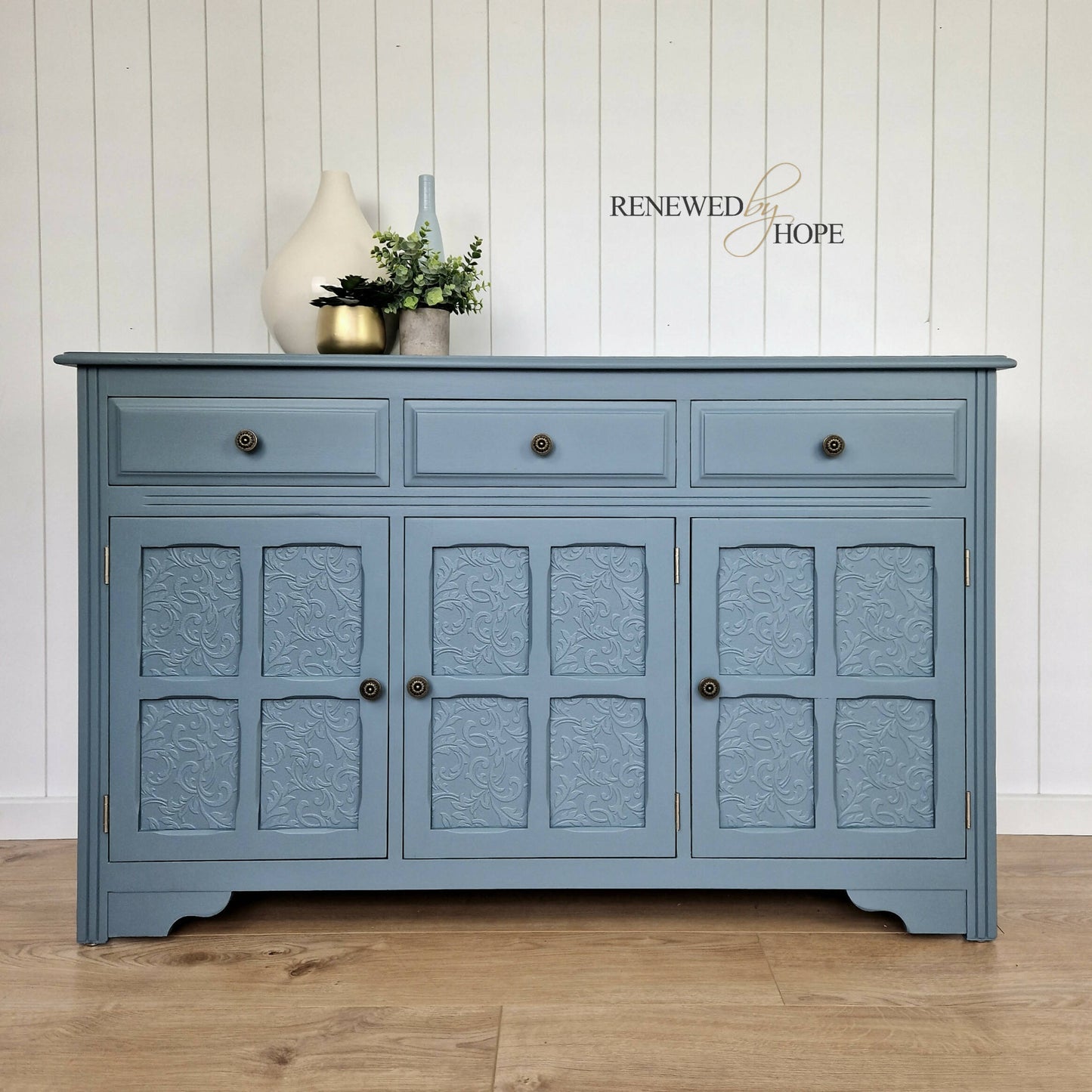 Dusky Blue Antique Panelled Oak Sideboard, with raised pattern detail.