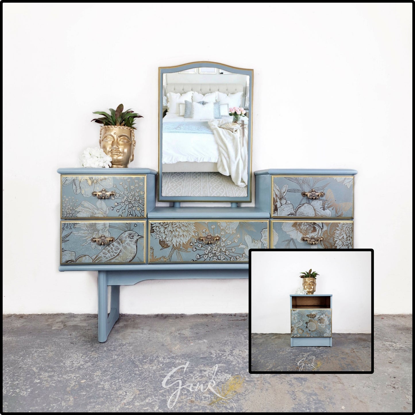 Restyled vintage blue dressin table with mirror 5 drawer and matching bedside cabinet