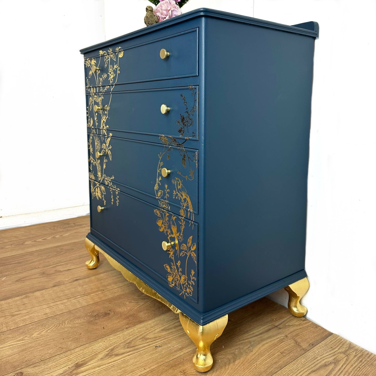 Pretty Refurbished vintage chest of drawers, navy blue with gold foil design