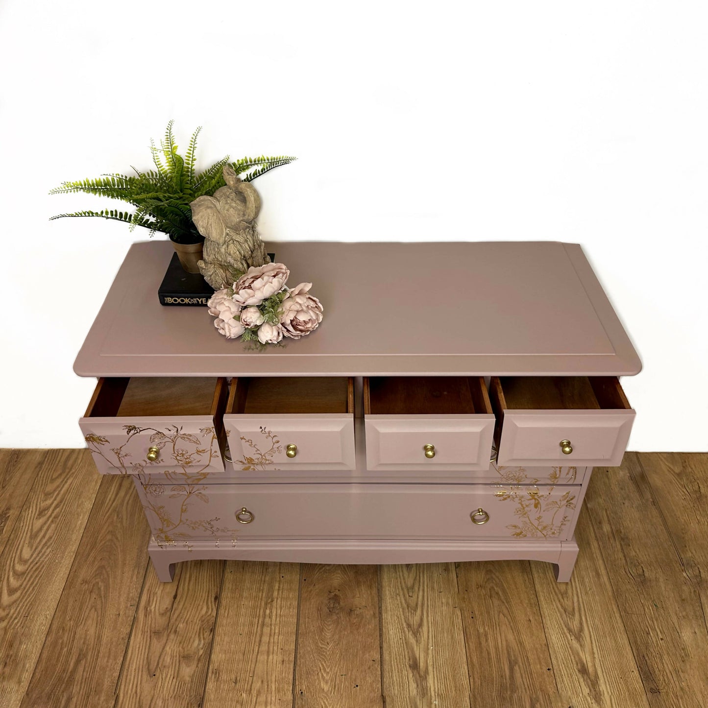 Pretty dusky pink Stag Minstrel Chest of Drawers with gold bird song design, vintage, dresser, blossom, mcm, sideboard