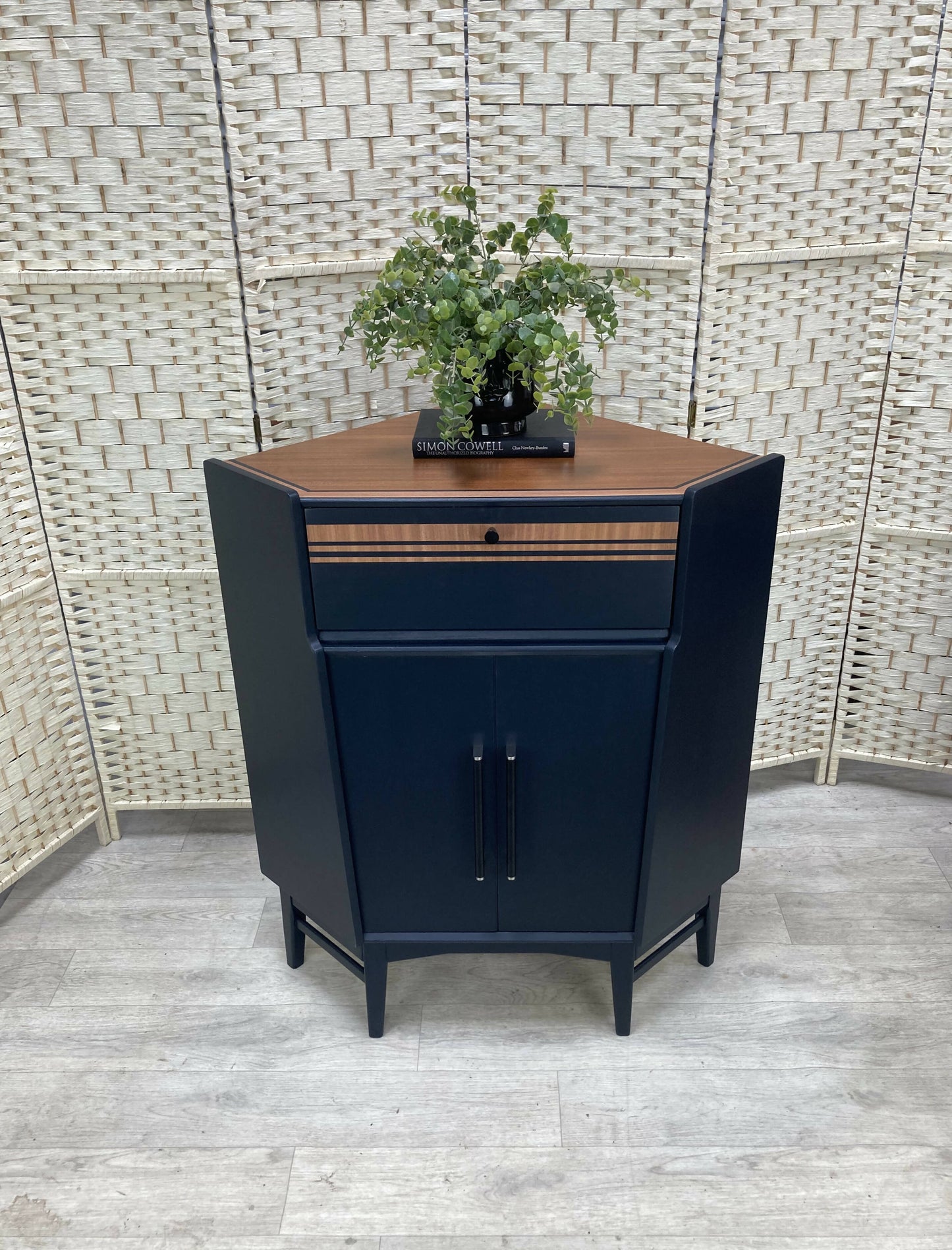 Retro Nathan Corner Bureau, Mid Century Modern, Hand Painted in Dark Blue - Nathan