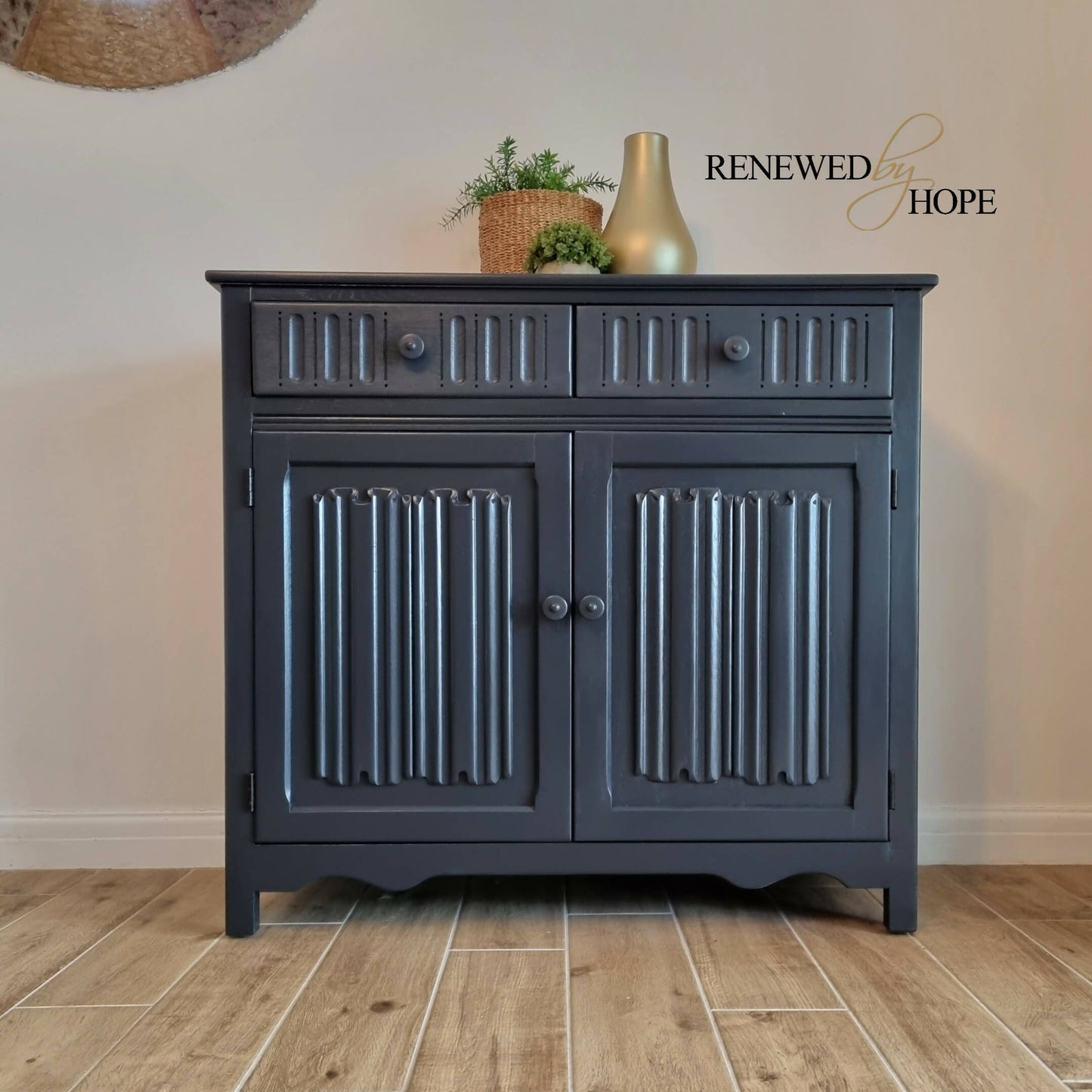 MADE TO ORDER - Oak Sideboard, Linenfold Paneling, off Black Sideboard, William Morris Wallpaper, Wallpapered Furniture,