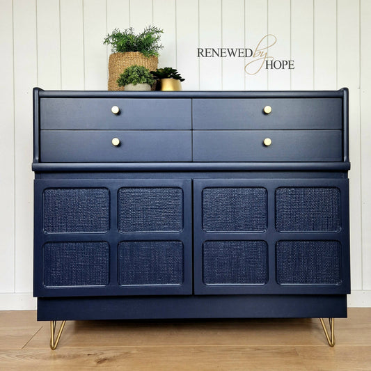 SOLD -Nathan Navy Blue Squares Sideboard Gold Hairpin legs, woven design, MCM Storage