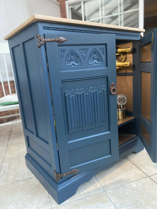 Blue Carved Oak Vintage Cupboard