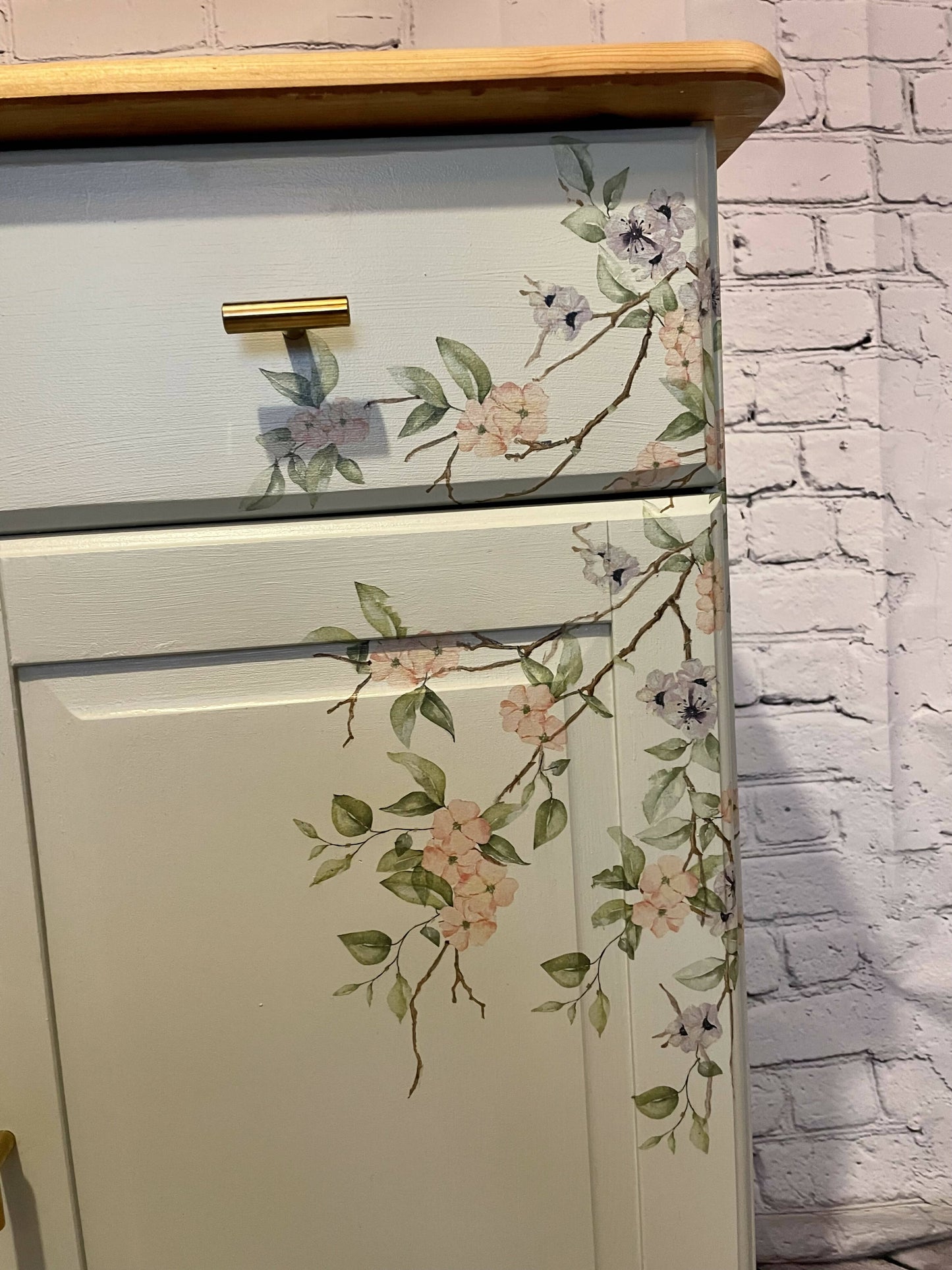 Hand painted chalk grey/green sideboard with beautiful cherry blossom decoupaged flowers