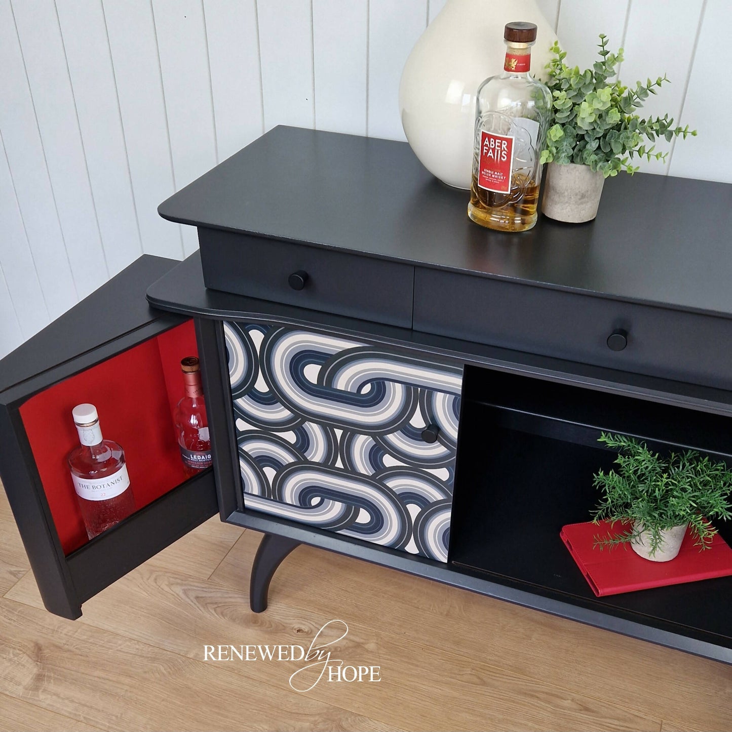 Black Mid Century Modern Beautility Sideboard. Bold geometric design. Upcycled Drinks Cabinet.