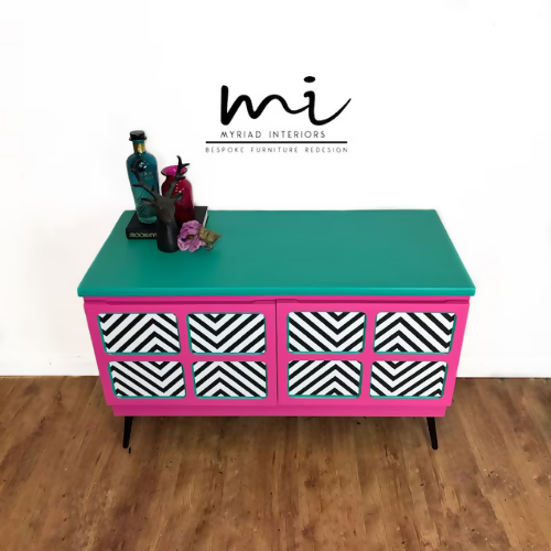 Bright refurbished Nathan sideboard, media unit, retro, pink, black, white, maximalist, kitsch console geometric - commissions available