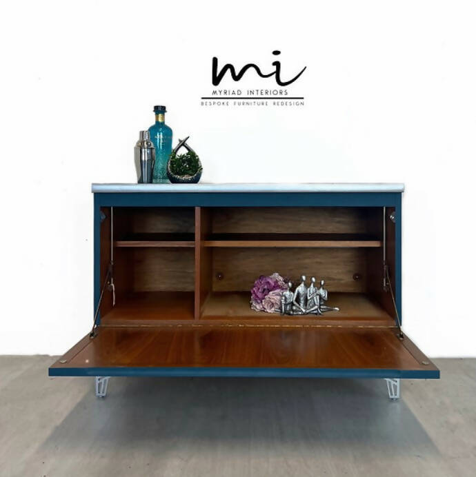 Refurbished Nathan sideboard, teal blue silver retro tv media unit, cocktail drinks cabinet