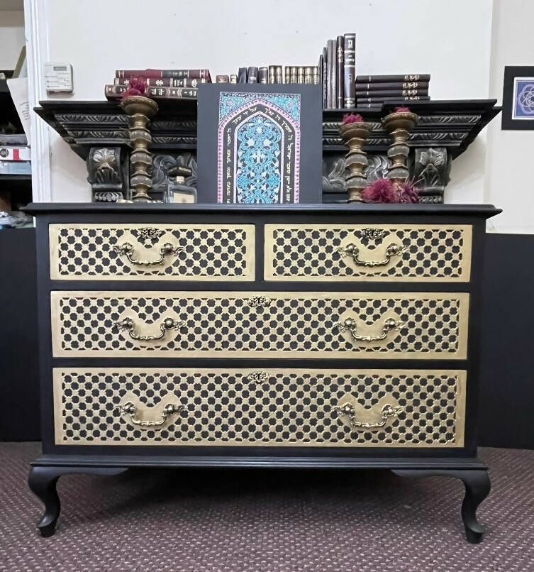Art Deco Large Black and Gold Chest of Drawers