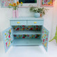 Vintage Pine Retro Sideboard, Teal Kitchen Cupboard Tropical Interior, 1970s Pastel Dopamine Decor Storage Unit, Yellow Cup Handles